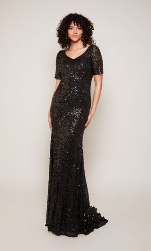 A classic black mother of the bride dress with a V-neckline, short sleeves, and train crafted in a mesh sequin fabric.