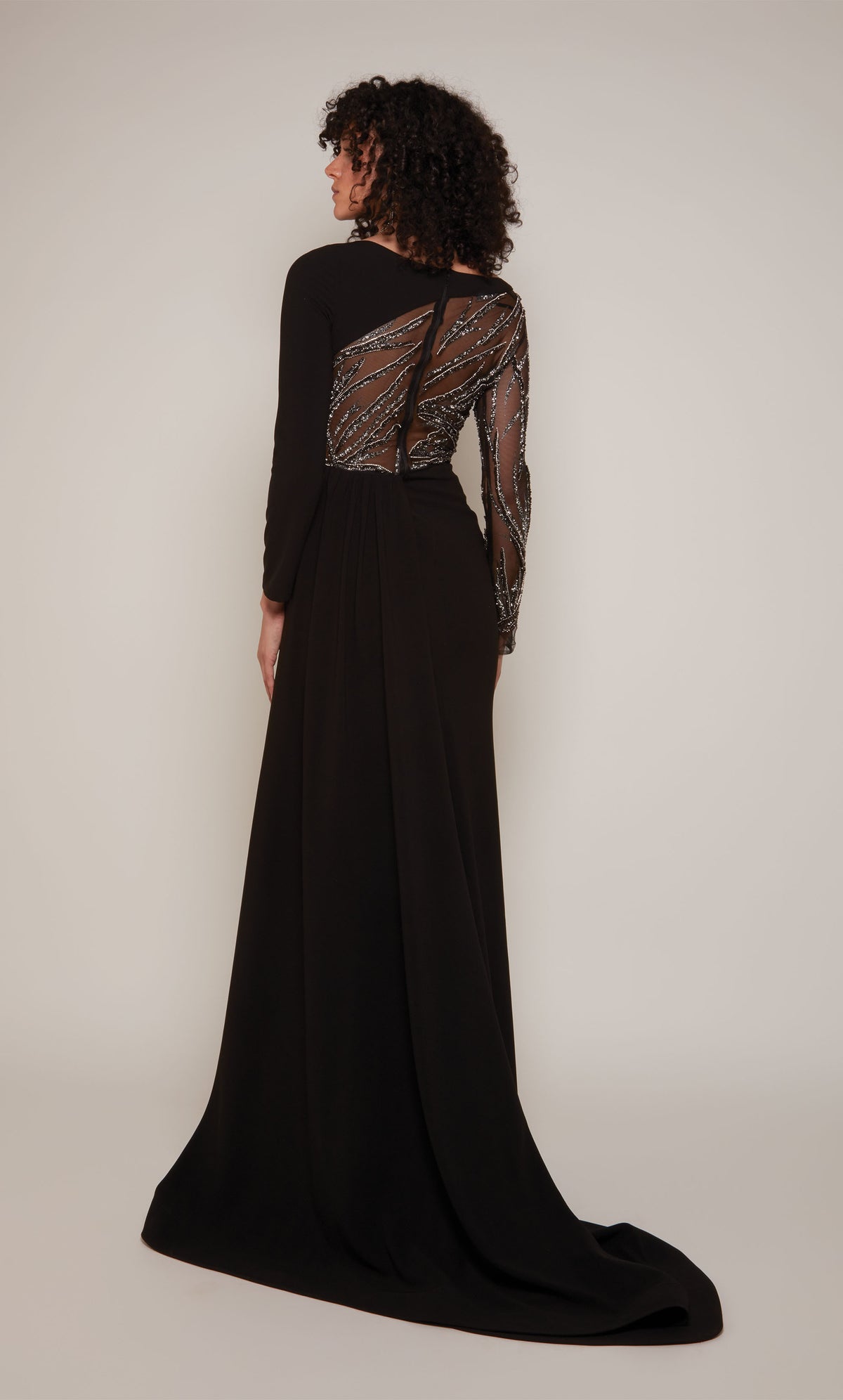 A long sleeve evening gown with a sheer, embellished bodice and sleeve and a slight train in classic black with silver accents.