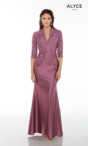 Aubergine elegant mother of the bride dress with a V-neckline and a lace peplum top with sleeves