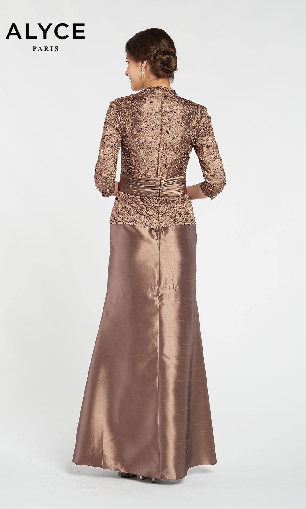 Nutmeg elegant mother of the bride dress with a V-neckline and a lace peplum top with sleeves