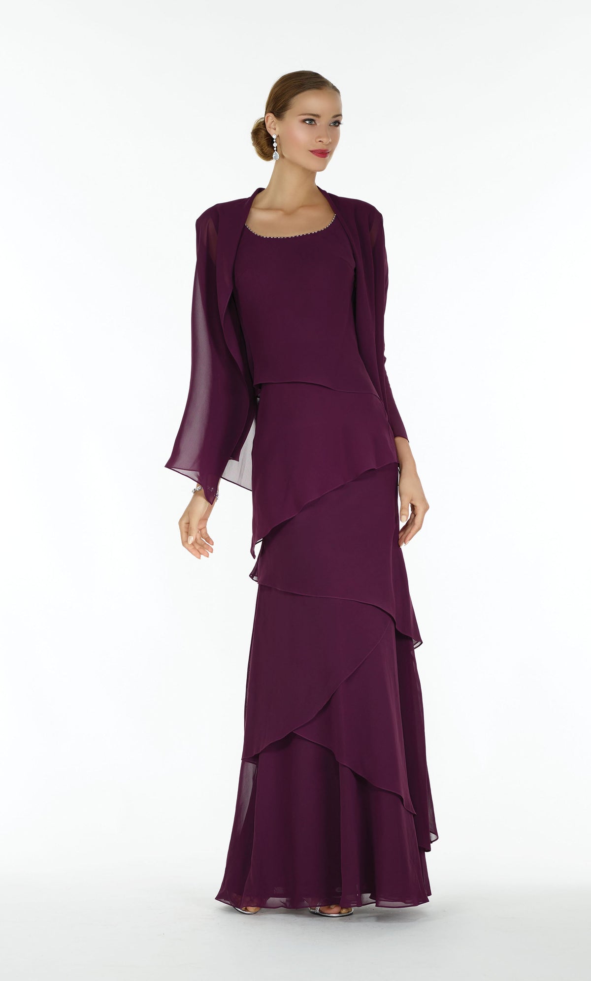 Long chiffon layered mother of the bride dress with  a bead accented scoop neckline  and matching chiffon jacket; in the color eggplant.