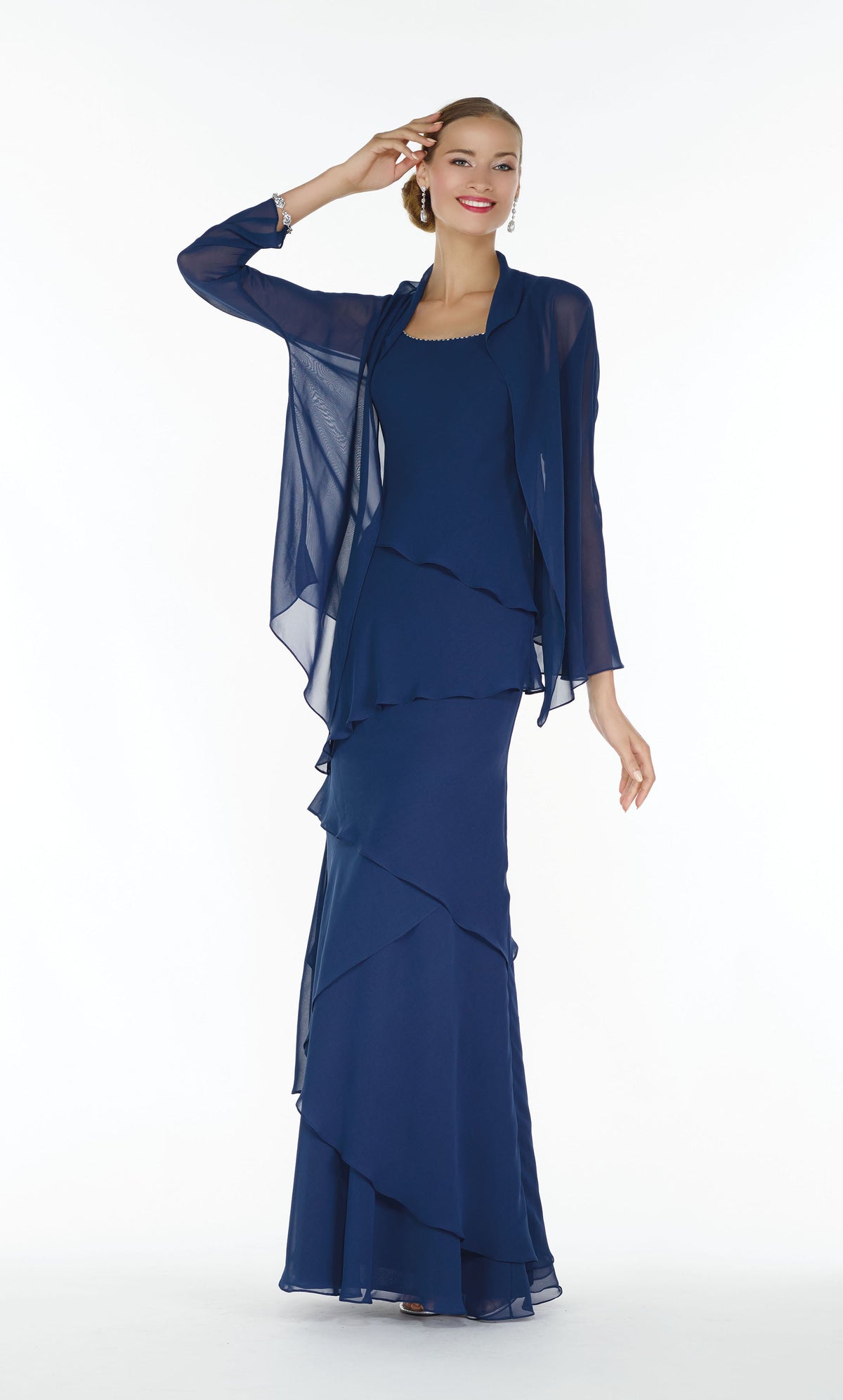 Long chiffon layered mother of the bride dress with a bead accented scoop neckline and matching chiffon jacket; in the color navy.