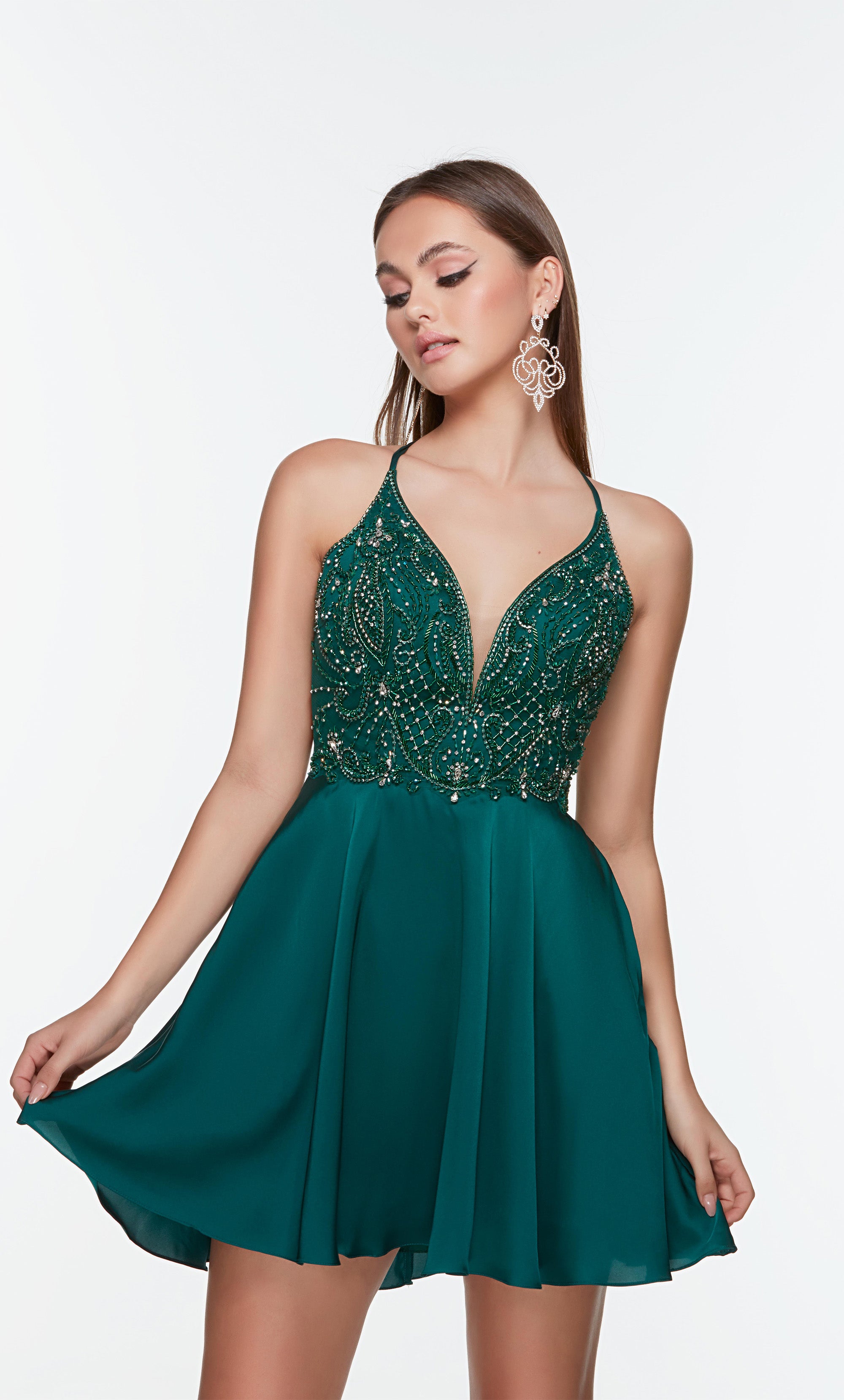 Short green semi formal dress with a plunging neckline and beaded bodice. Color-SWATCH_3112__PINE