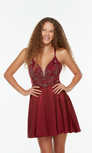 Red short dress with a plunging neckline and beaded bodice. Color-SWATCH_3112__WINE