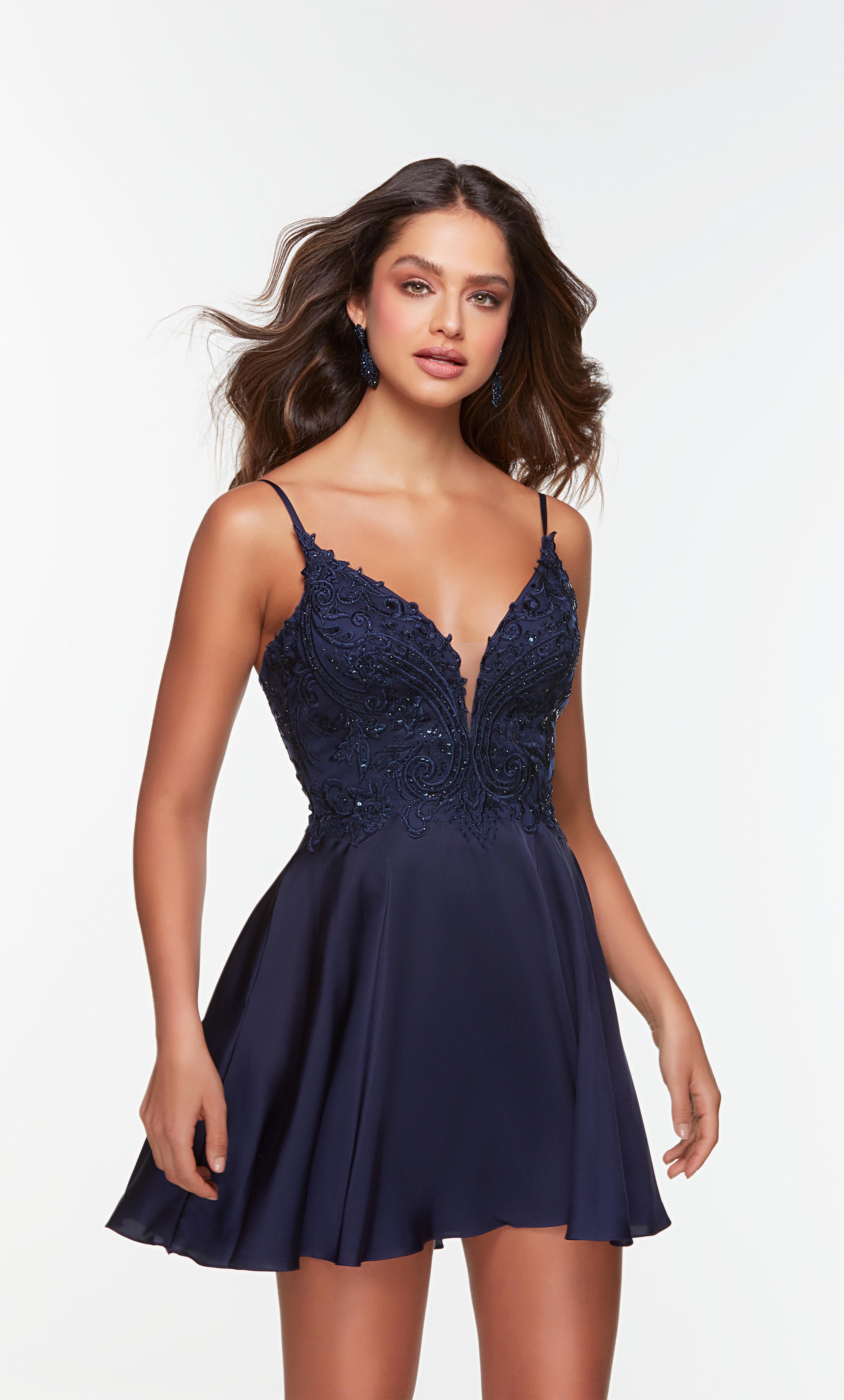 Short Navy Blue Embroidered-Bodice Homecoming Dress, 43% OFF
