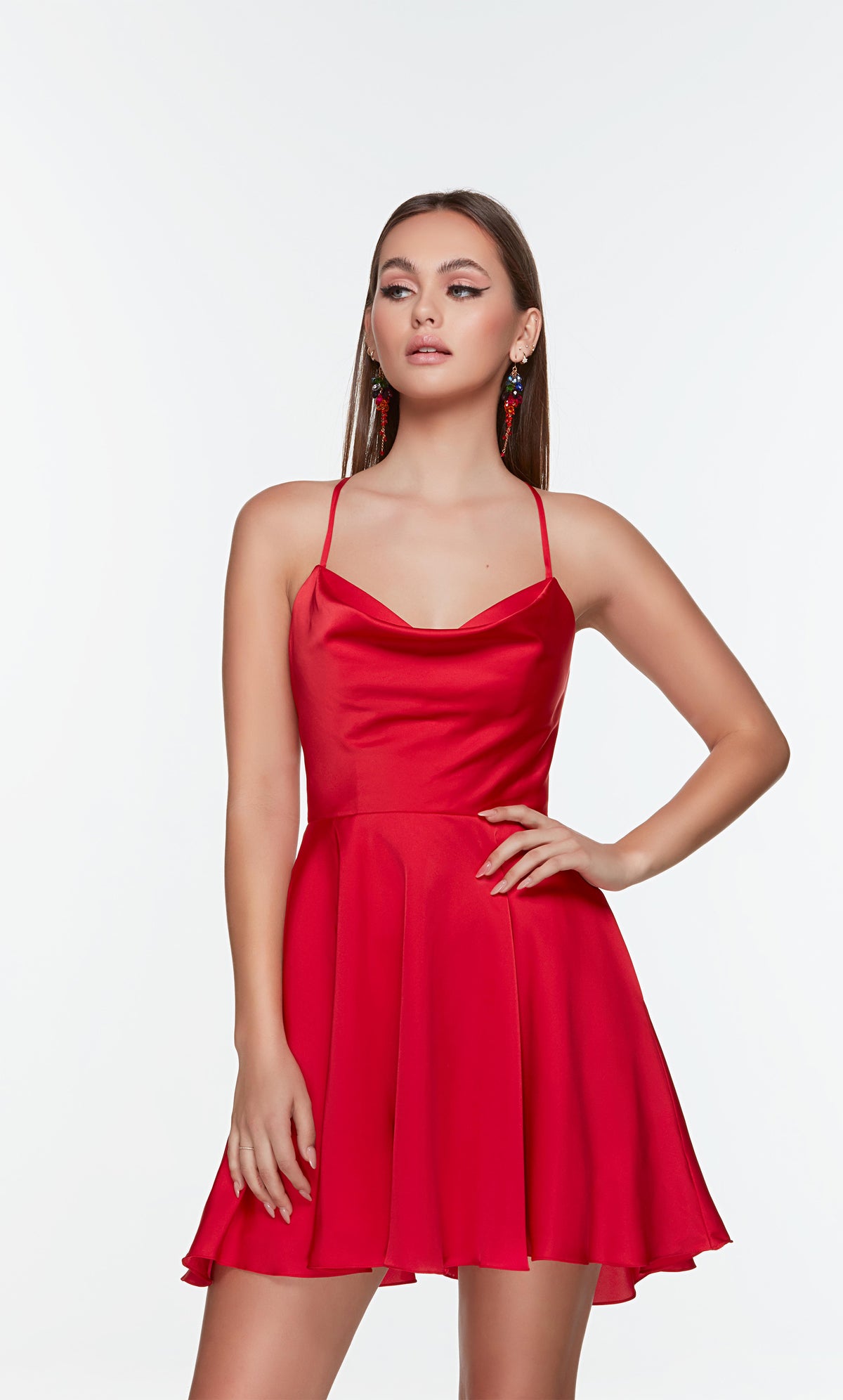 Short red dress with a cowl neckline and pockets. Color-SWATCH_3114__HOT-PINK