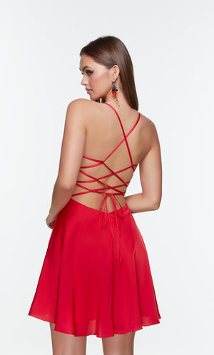 Short red dress with a lace up back and pockets.