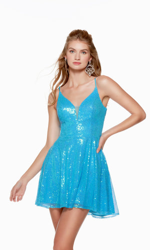 A turquoise blue sequin short formal dress with a plunging neckline and A-line silhouette.
