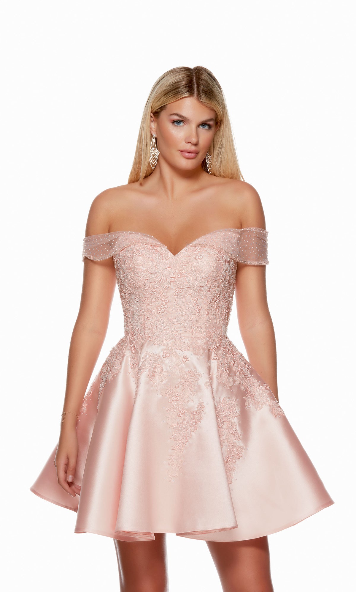An elegant and chic short homecoming dress, showcasing an off-the-shoulder neckline, a fitted bodice, and a flare skirt, designed to make a stylish statement.
