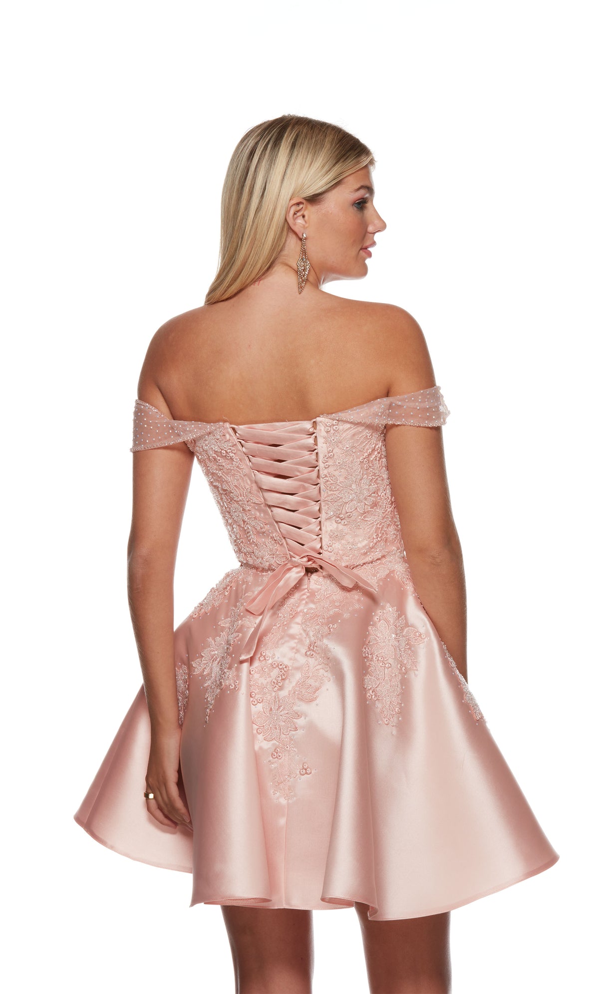 An elegant and chic short formal dress, showcasing an off-the-shoulder neckline, a fitted, lace-up bodice, and a flare skirt, designed to make a stylish statement.