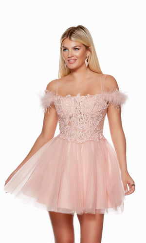 A stunning off-the-shoulder short corset dress with spaghetti straps, adorned with intricate lace detailing and feather trim, designed to make a stylish statement.
