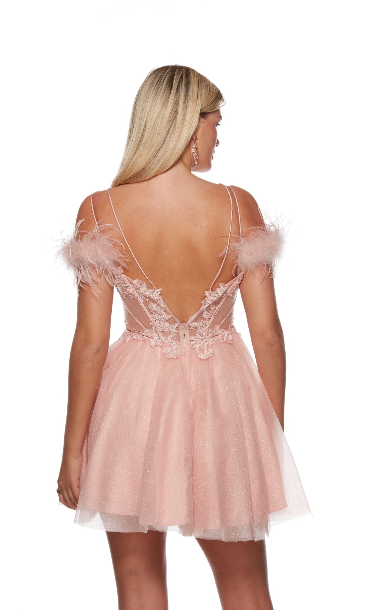 A sparkly off-the-shoulder short corset dress with spaghetti straps, adorned with intricate lace detailing and feather trim, designed to make a stylish statement.