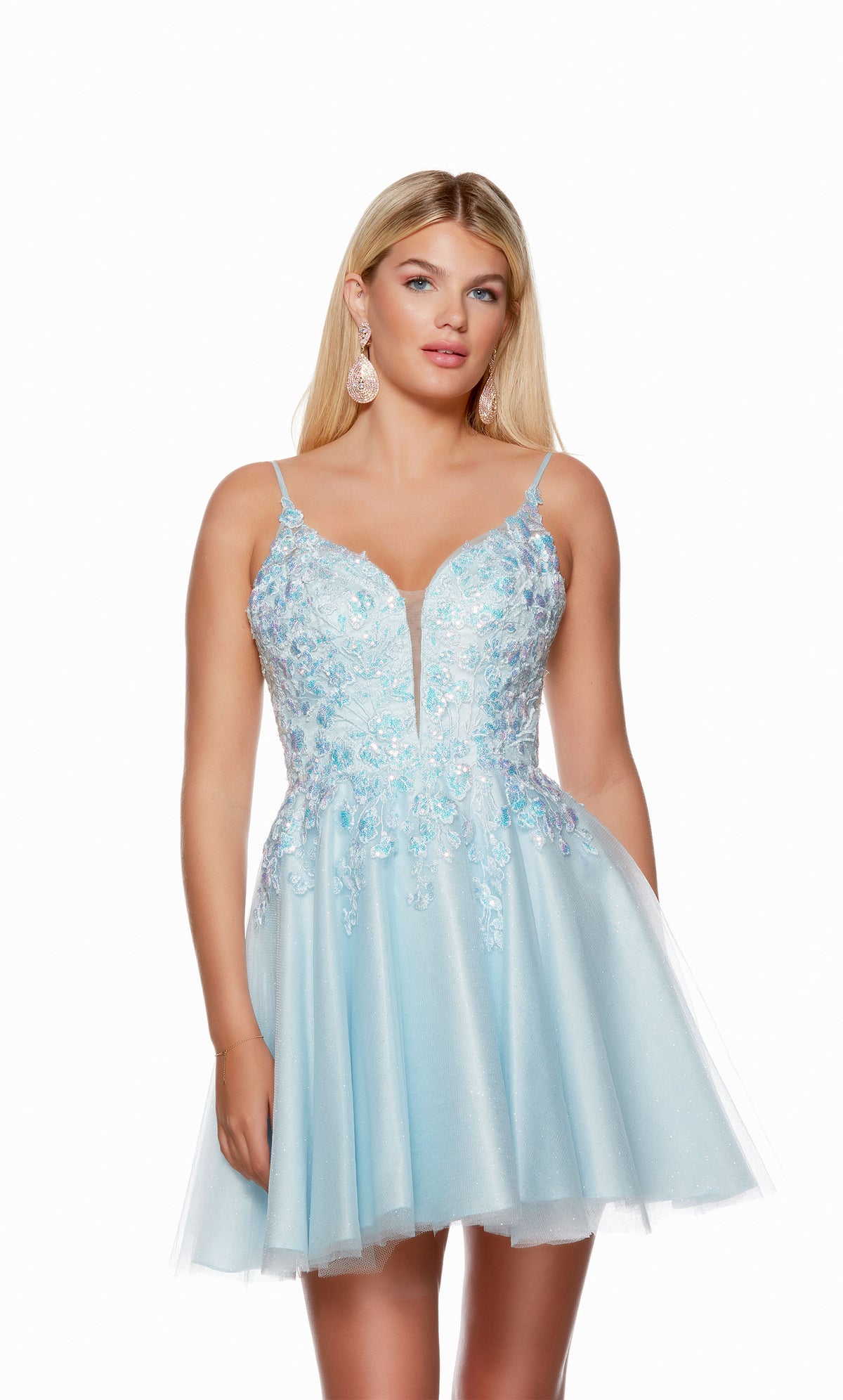 A short, glitter embellished light blue homecoming dress with an A-line silhouette, adorned with gorgeous floral lace appliques.