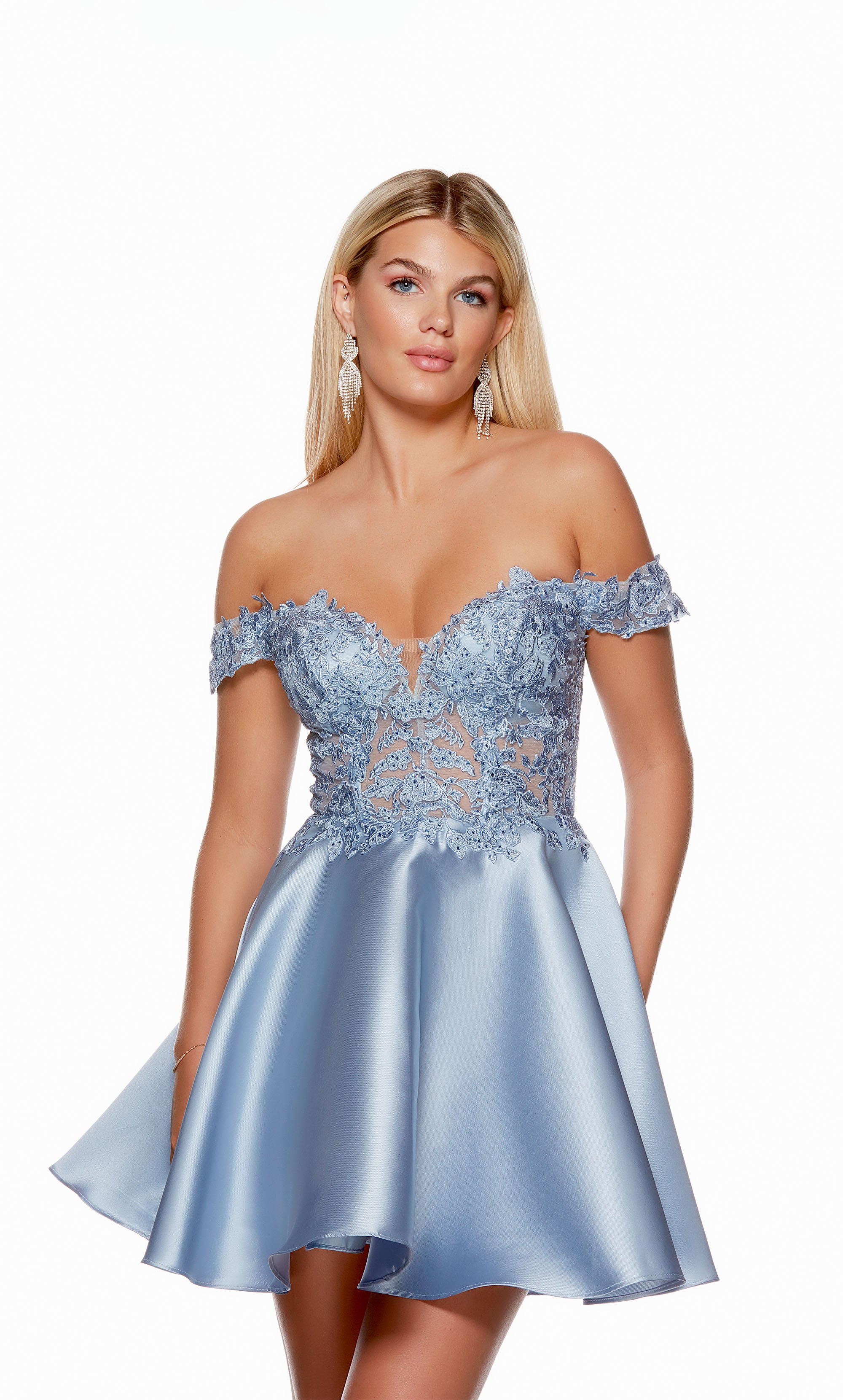 A Mikado flare dress with an off-the-shoulder neckline and sheer corset bodice adorned with floral lace appliques in the color french blue.