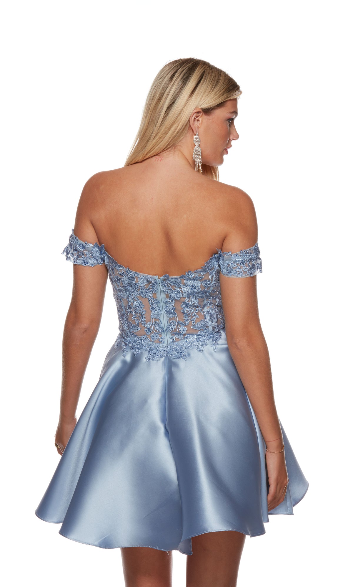 A Mikado flare dress with a zip-up back and sheer corset bodice adorned with floral lace appliques in the color french blue.