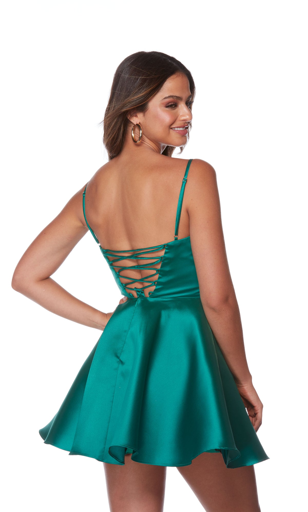 A Mikado scooped neck short formal dress with a lace-up back and flared A-line skirt, in pine green.