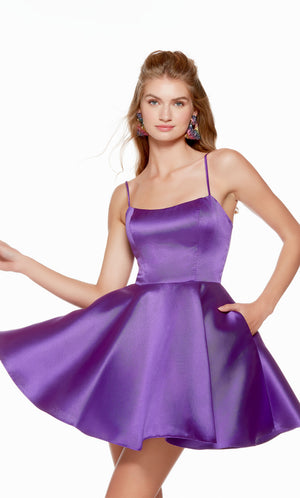 A Mikado scooped neck short formal dress with a lace-up back and flared A-line skirt, in purple.