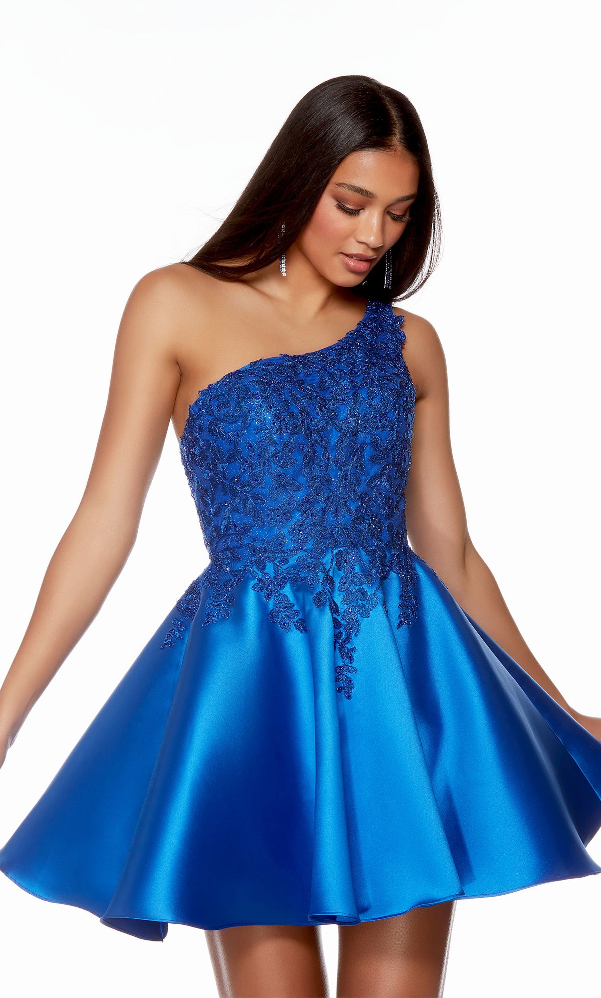 A royal blue, one-shoulder short formal dress with a delicate lace bodice and a flared A-line skirt.