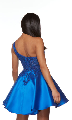 A royal blue, one-shoulder short formal dress with a delicate lace bodice and a flared A-line skirt.