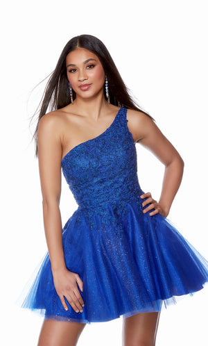 A royal blue, one-shoulder short formal dress with a delicate lace bodice and a flared tulle skirt.