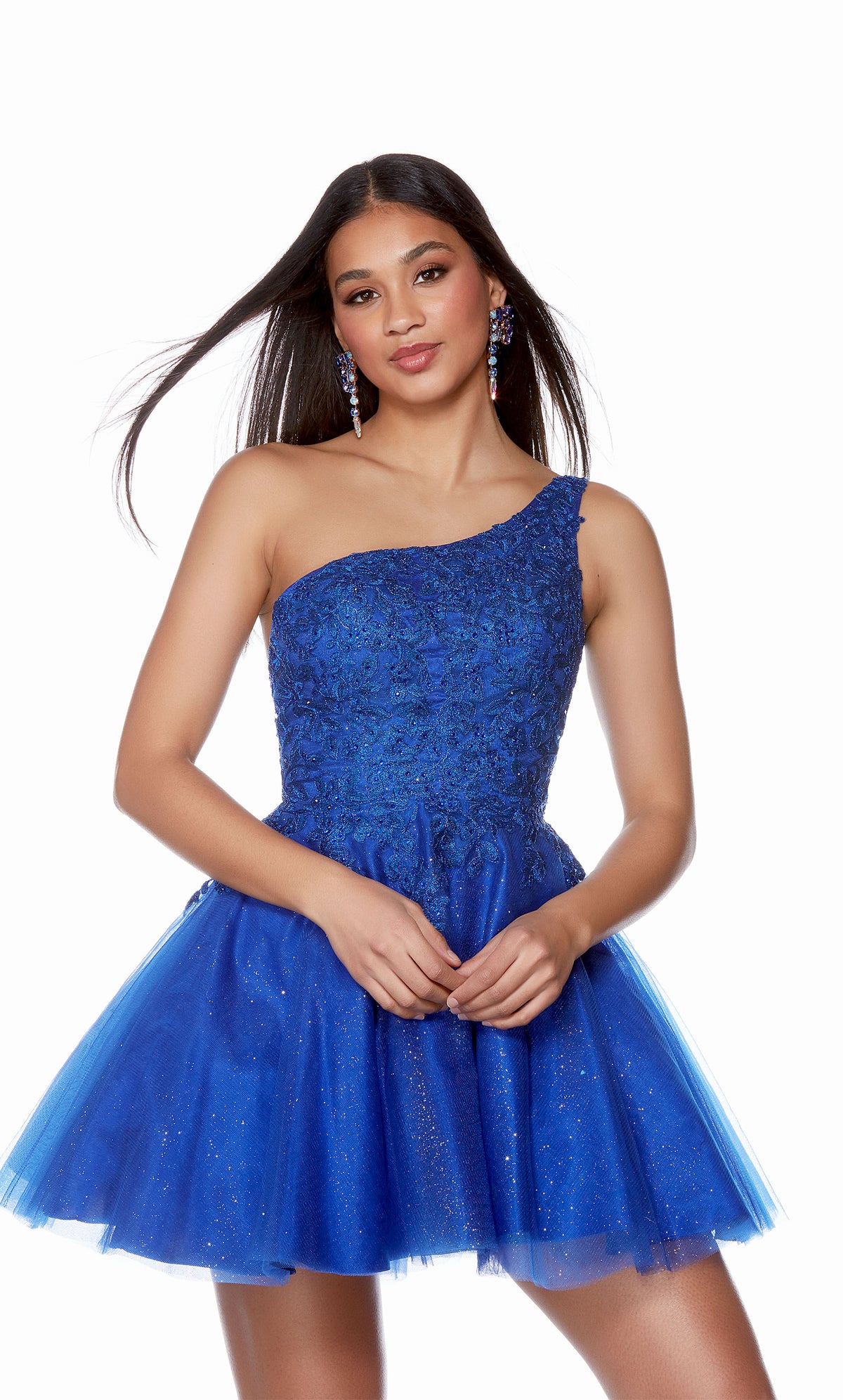 A royal blue, one-shoulder short formal dress with a delicate lace bodice and a full glitter tulle skirt.