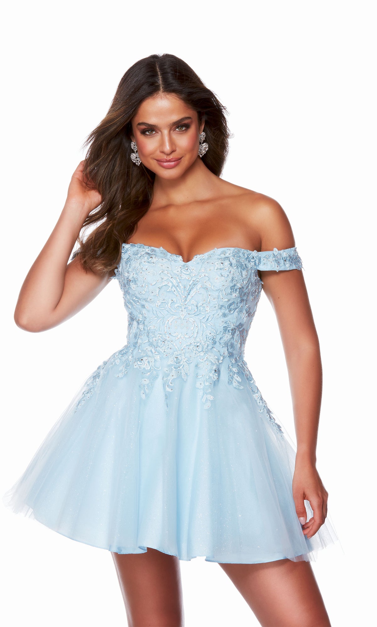 A light blue, off the shoulder homecoming dress adorned with delicate lace overlay and featuring a full tulle skirt.