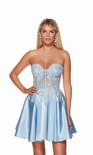 A whimsical light blue corset dress with a strapless sweetheart neckline, a sheer floral lace bodice, and a slightly flared satin skirt, evoking a dreamy and romantic vibe.