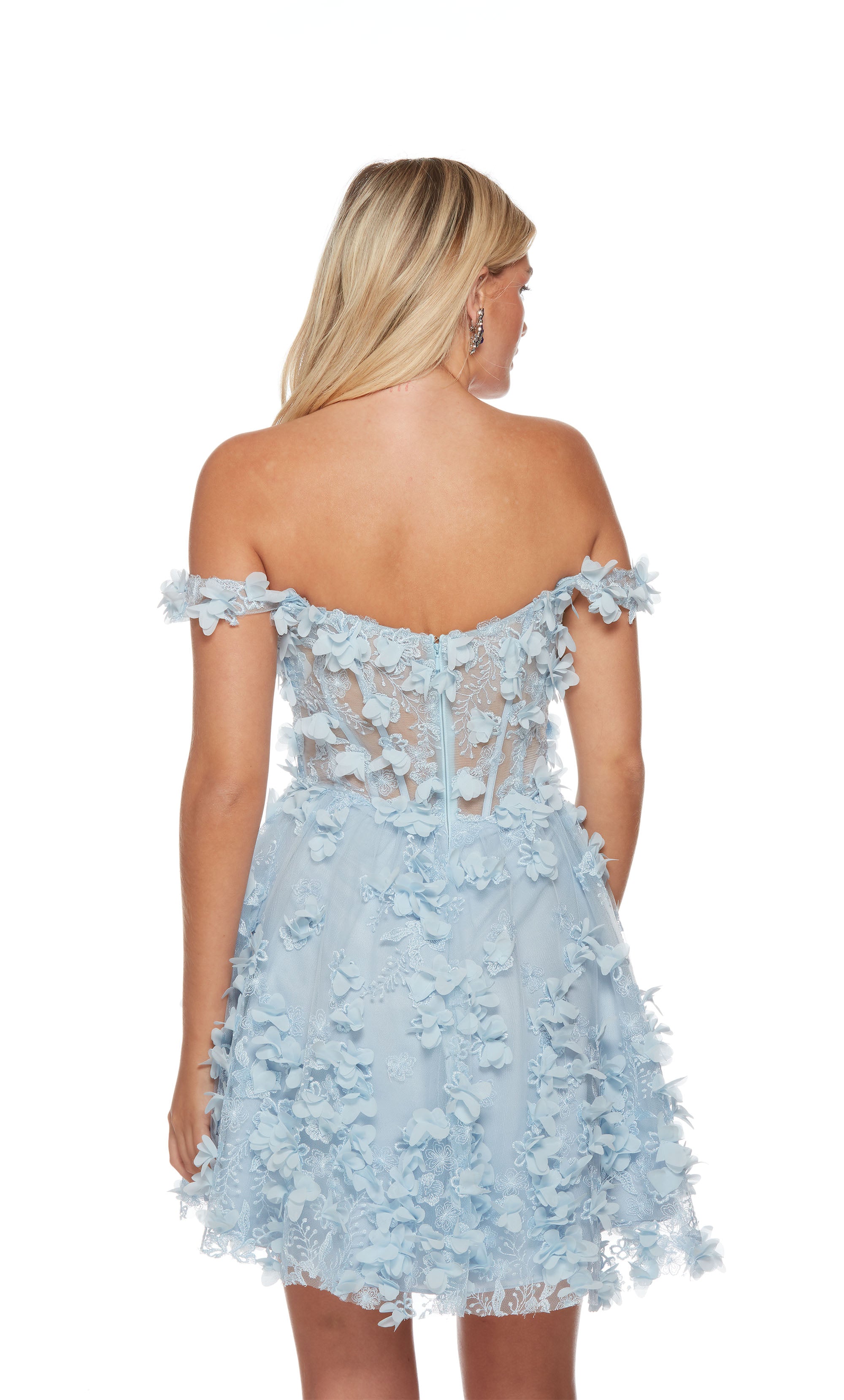 A romantic light blue off-the-shoulder short homecoming dress boasting a sheer, corset bodice adorned with delicate 3D flower appliques throughout. This dress is from our latest collection of gorgeous designer dresses by ALYCE Paris.