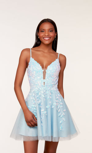 A charming light blue homecoming dress with a V-neckline, delicate spaghetti straps, and a flared skirt, showcasing a soft and feminine aesthetic.