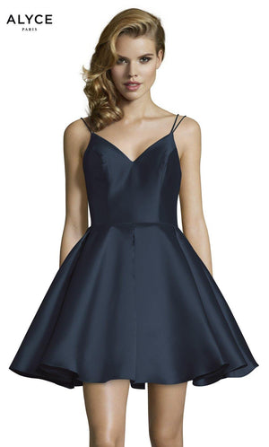Short midnight blue party dress with a v neckline, pockets, and a mikado fabrication. SWATCH_3764__MIDNIGHT