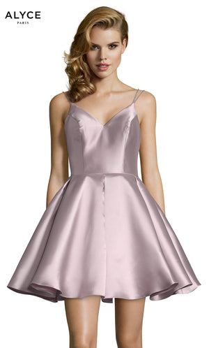 Short pink alabaster party dress with a v neckline, pockets, and a mikado fabrication. SWATCH_3764__PINK-ALABASTER