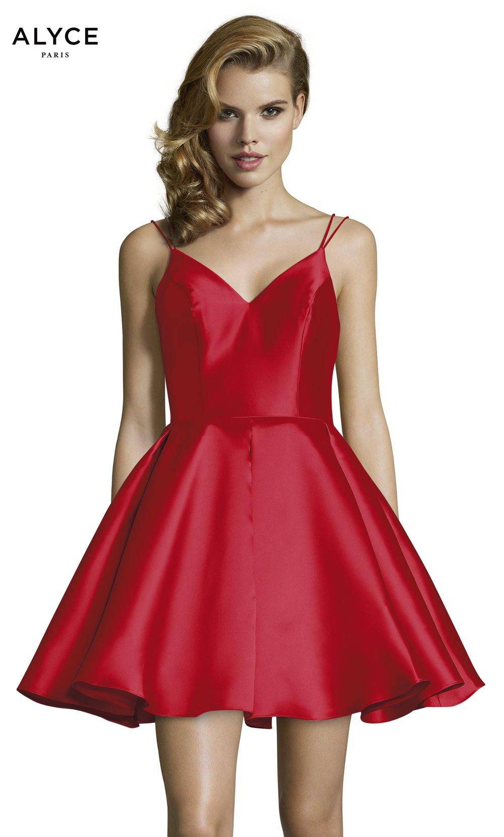 Short Red party dress with a v neckline, pockets, and a mikado fabrication. SWATCH_3764__RED