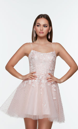 Light pink short cocktail party dress with a sweetheart neckline, floral lace appliques, and pockets. Color-SWATCH_3968__ROSEWATER