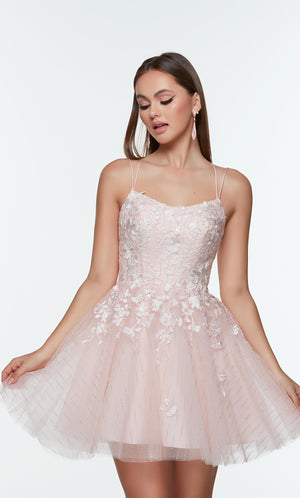 Light pink short hoco dress with a sweetheart neckline, floral lace appliques, and pockets.