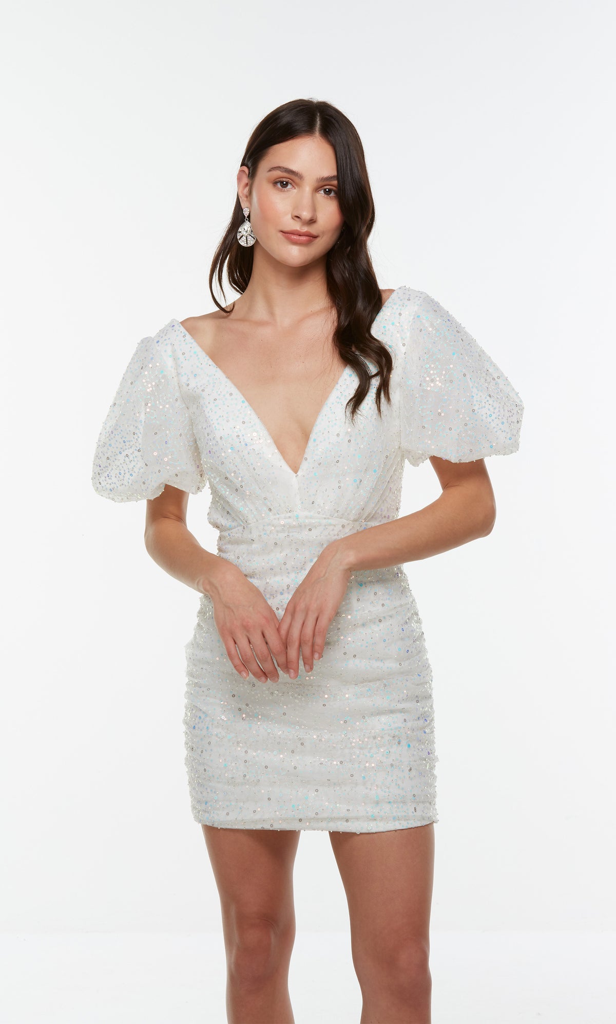 Short white opal puff sleeve homecoming dress with a plunging v neckline. Color-SWATCH_4495__DIAMOND-WHITE-OPAL