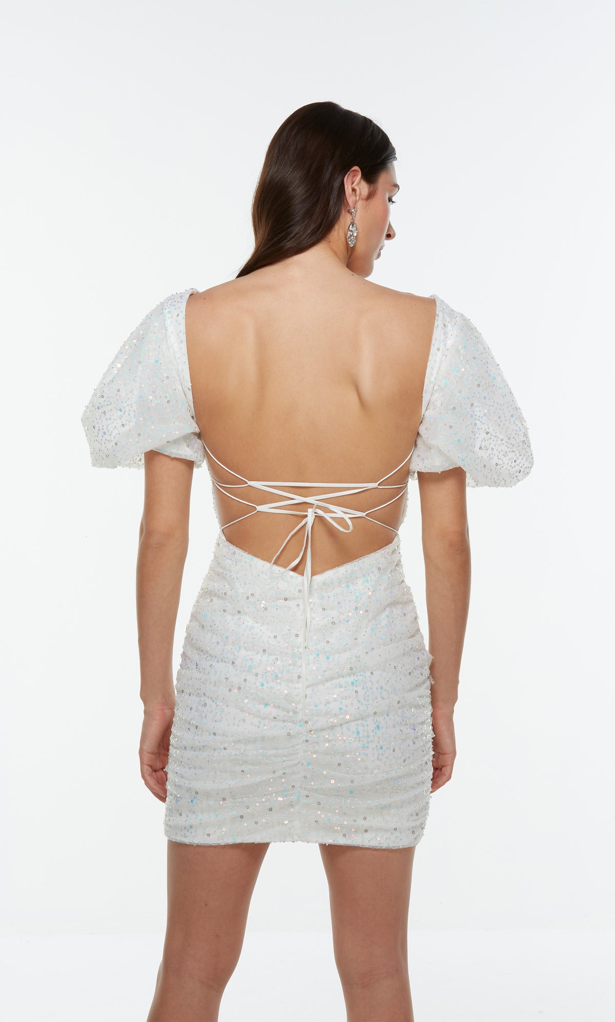 Short white opal puff sleeve homecoming dress with a lace up open back.