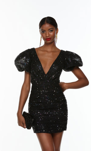 Short sparkly puff sleeve dress with a plunging v neck and ruching detail; in black. Color-SWATCH_4495__IRIDESCENT-BLACK