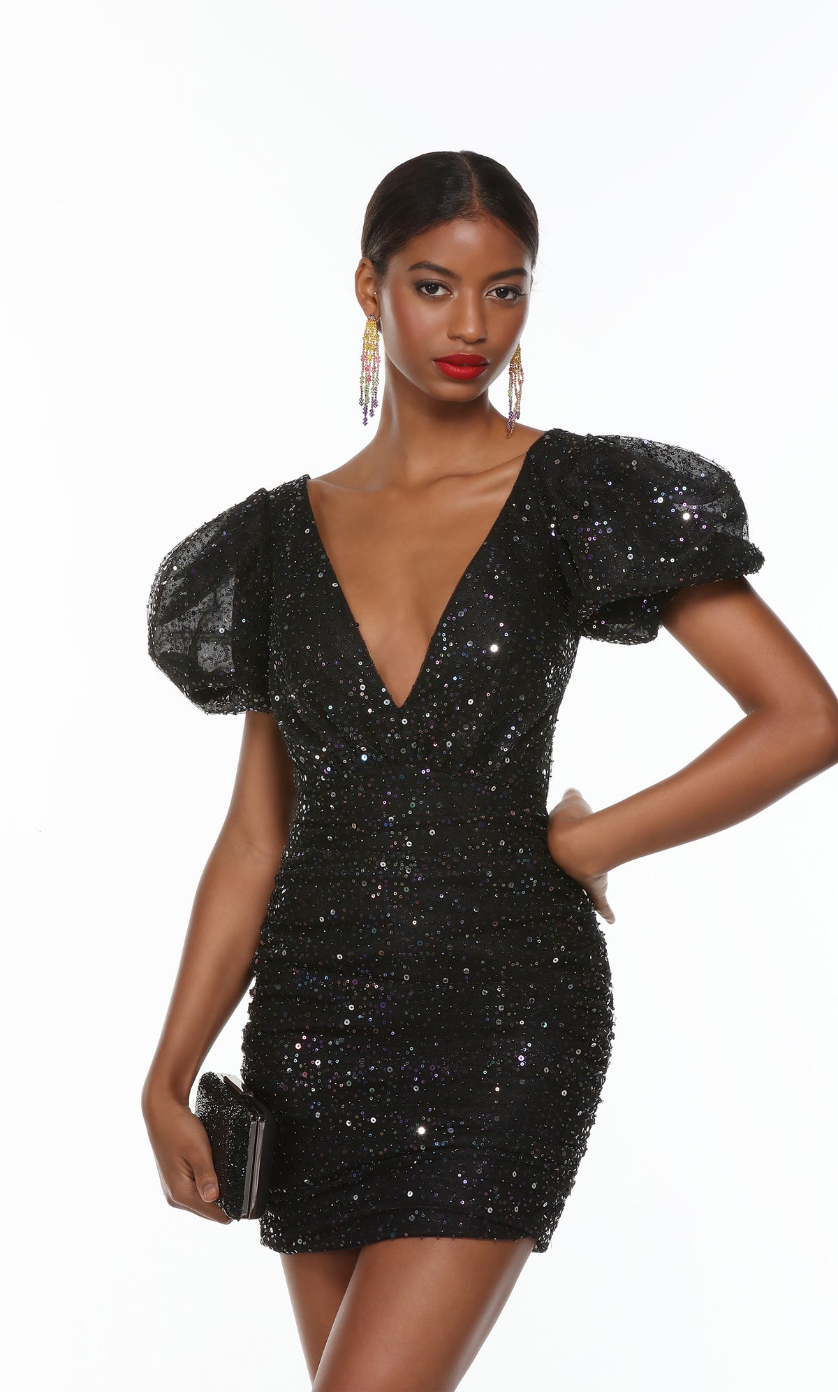 Short sparkly puff sleeve dress with a plunging v neck and ruching detail in black.