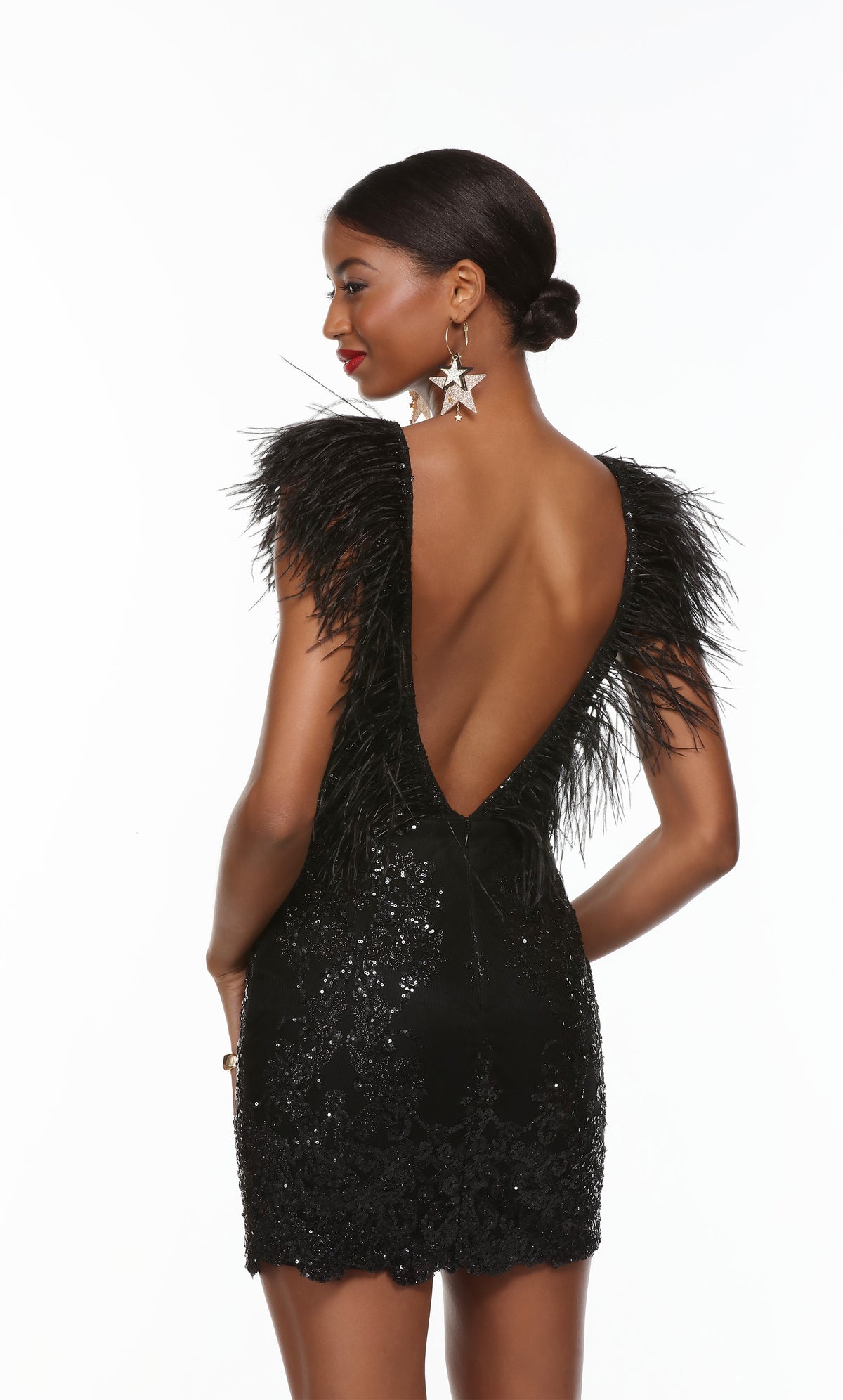 Short feather trim dress with a low v back in black sequins.