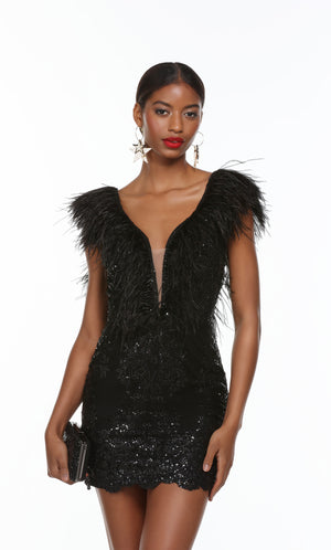 Short black sequin dress with feather trimmed plunging neckline.