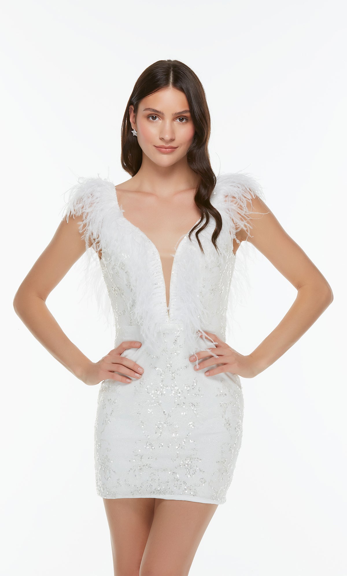 Short white feather trim dress with a plunging neckline and glitter embellished pattern throughout. Color-SWATCH_4499__DIAMOND-WHITE
