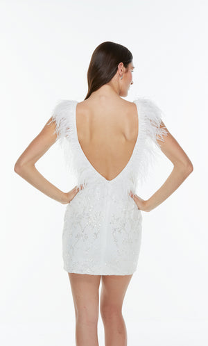 Short white feather dress with a low v back and glitter embellished pattern throughout.