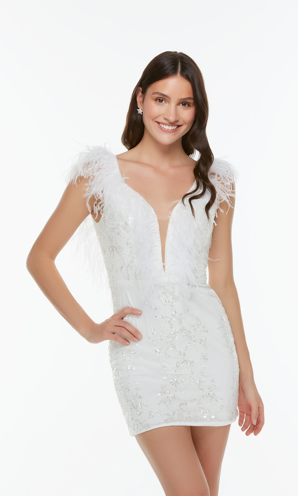 Short white feathered dress with a plunging neckline and glitter embellished pattern throughout. Color-SWATCH_4499__DIAMOND-WHITE