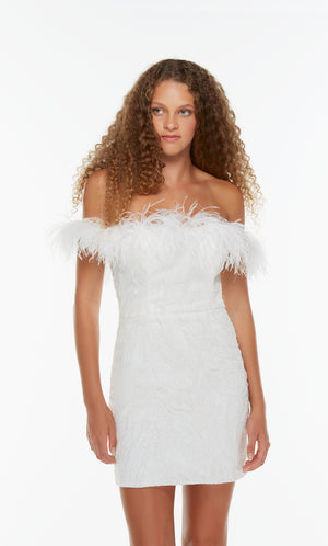 Short white off the shoulder dress with feather trim. Color-SWATCH_4500__DIAMOND-WHITE