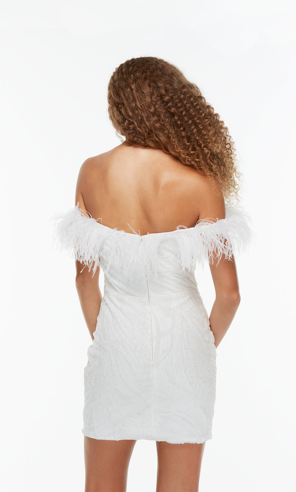Short white off the shoulder dress with feather trim and a zip up back.