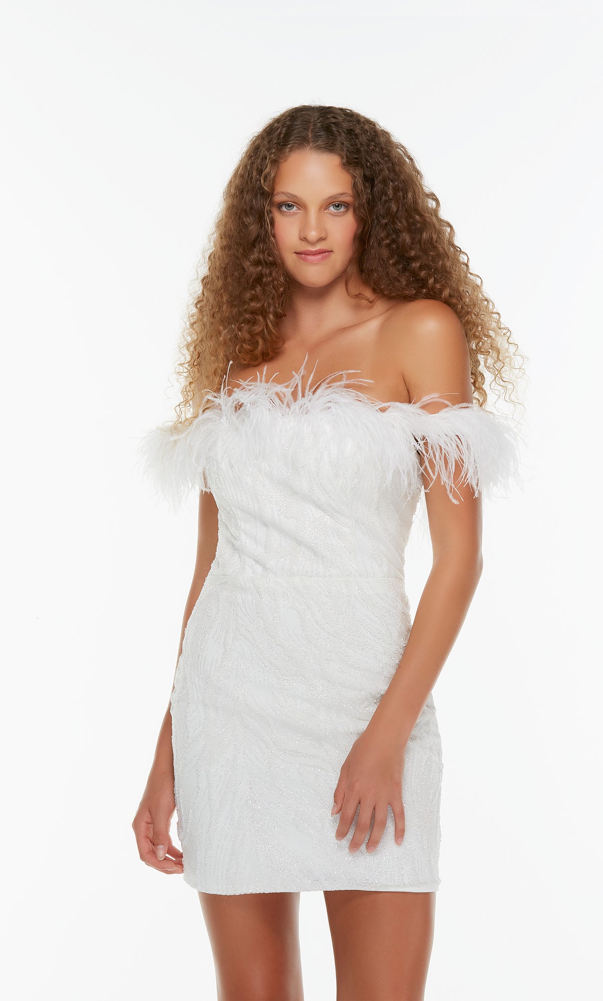 Short white off the shoulder dress with feather trim.