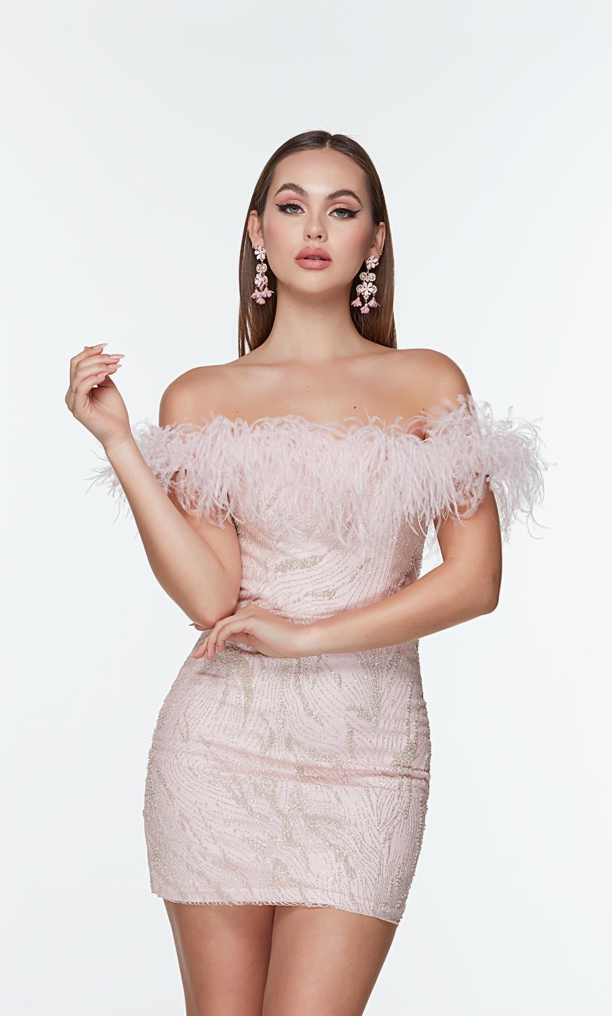 Short pink homecoming dress with an off the shoulder, feather trimmed neckline. Color-SWATCH_4500__ROSEWATER