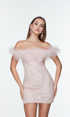 Short pink homecoming dress with an off the shoulder, feather trimmed neckline.