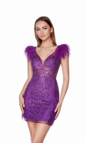 Short sequin mini dress with a plunging neckline, sheer bodice, and feather accents in bright purple.