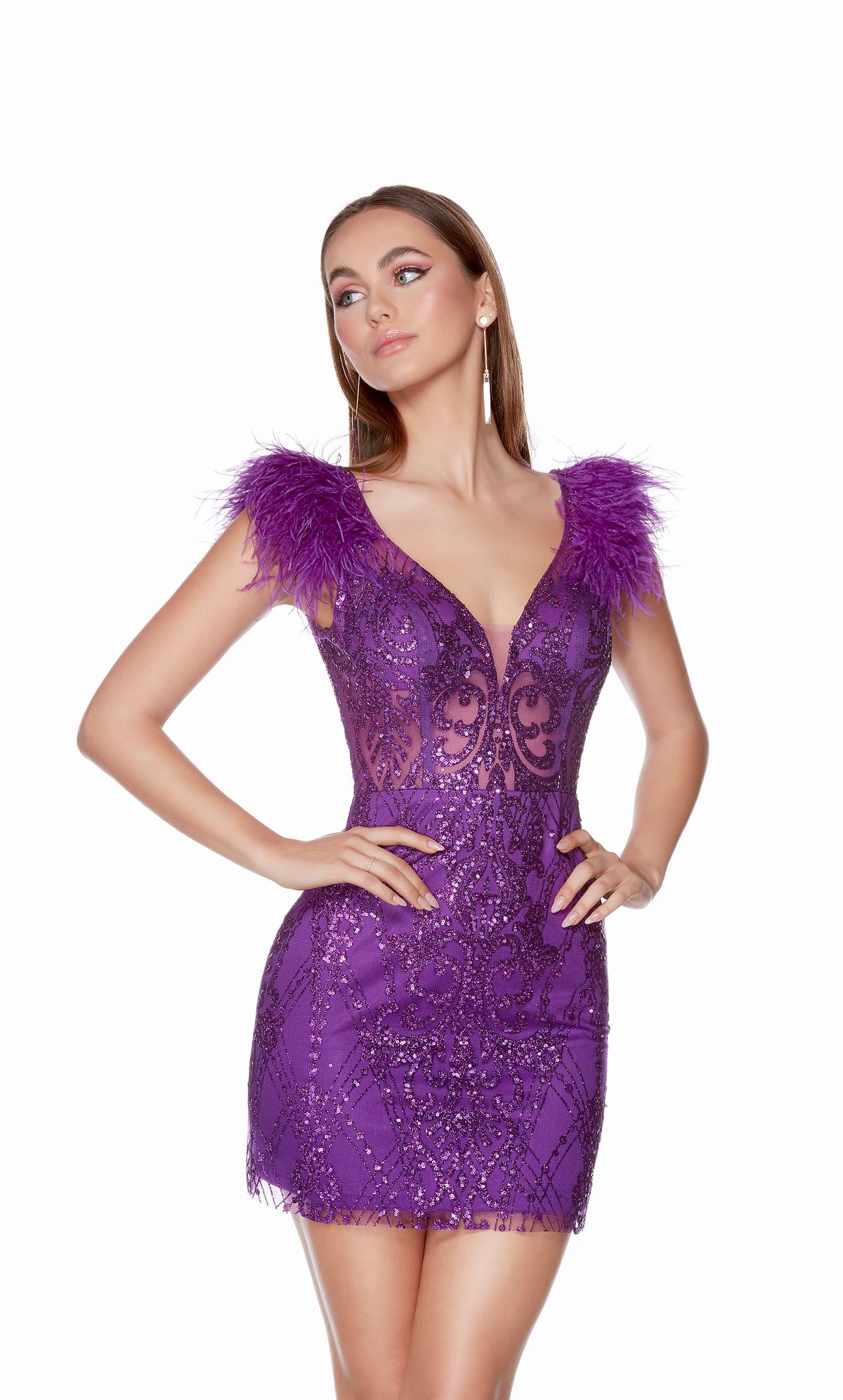 Short sequin mini dress with a plunging neckline, sheer bodice, and feather accents in bright purple.